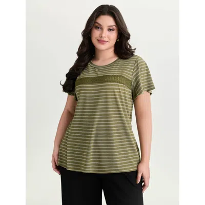 Bloomchic Women's Plus Size Stretchy Lace Trim Round Neck T-shirt Olive Stripes Casual Short Sleeve Round Neck In Green