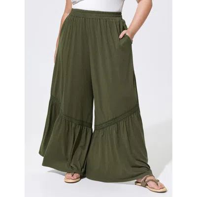 Bloomchic Women's Plus Size Stretchy Lace Trim Ruffled Hem Pants Armygreen Else Wide Leg Mid Rise Vacation 10/