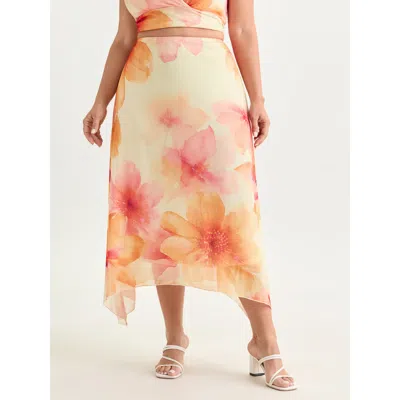 Bloomchic Women's Plus Size Stretchy Large Floral Print Lace Maxi Skirt Amber Wrap / Overlap Skinny Fit Elegan In Orange