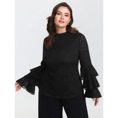Bloomchic Women's Plus Size Stretchy Layered Sheer Lace Trim Knit Top Black Long Sleeve Elegant Mock Neck 10/m