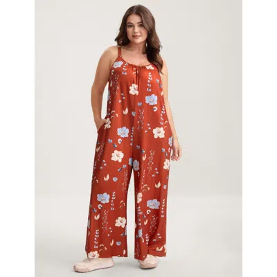 Bloomchic Women's Plus Size Stretchy Lined Floral Print Cami Jumpsuit Rust Casual 18-20/2x In Brown