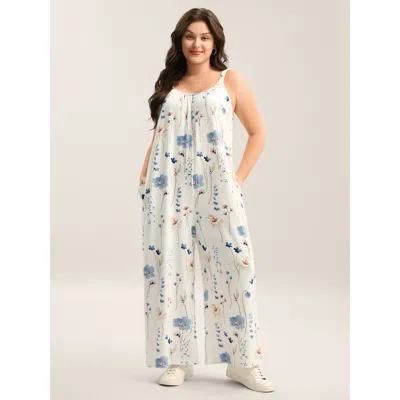 Bloomchic Women's Plus Size Stretchy Lined Floral Print Cami Jumpsuit Whitesmoke Casual 10/m