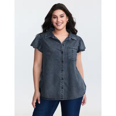 Bloomchic Women's Plus Size Stretchy Lotus Leaf Sleeve Denim Top Midblue Cap Sleeve Gathered Casual 10/m