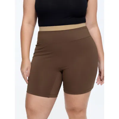 Bloomchic Women's Plus Size Stretchy Medium-rise Wide Waistband Shorts Browncoffeecolor Skinny Fit Mid Rise Ca