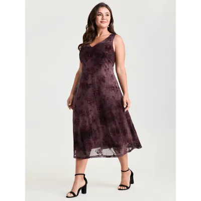 Bloomchic Women's Plus Size Stretchy Mesh Deep V-neckline Midi Dress Burgundy Gradient Dyeing Midi Elegant See