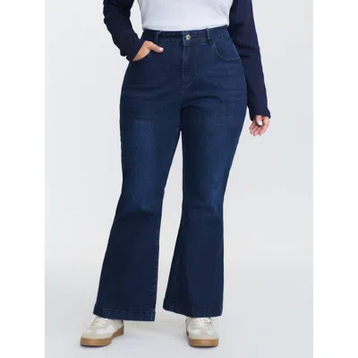 Bloomchic Women's Plus Size Stretchy Mid-rise Bootcut Jeans Darkindigo Topstitching Slight Flare High Stretch  In Purple