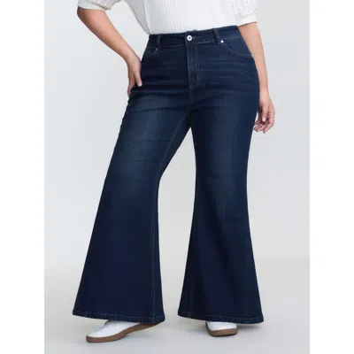 Bloomchic Women's Plus Size Stretchy Mid-rise Flared Jeans Denimindigo Pleated Flared Medium Stretch 10/m