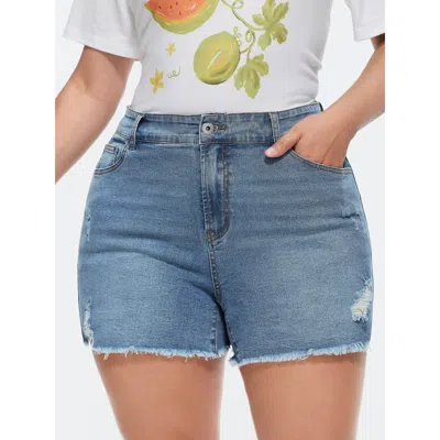 Bloomchic Women's Plus Size Stretchy Mid-rise Raw Hem Denim Shorts Midblue Non Medium Stretch Casual 30/6x