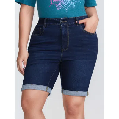 Bloomchic Women's Plus Size Stretchy Mid-rise Skinny-fit Denim Shorts Midnight Skinny Fit High Stretch 10/m In Blue