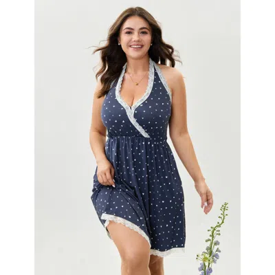 Bloomchic Women's Plus Size Stretchy Mini Hearts Halter Neck Nightgown Darkblue Sleeveless Mini Halter Neck 12 In Blue