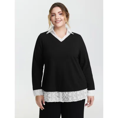 Bloomchic Women's Plus Size Stretchy Mixed Fabric Contrast Sweatshirt Black Office 10/m