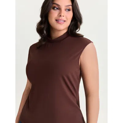 Bloomchic Women's Plus Size Stretchy Mock Neckline Plain T-shirt Browncoffeecolor Solid Elegant Sleeveless Tur