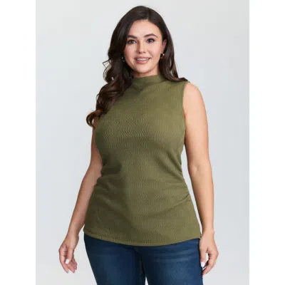 Bloomchic Women's Plus Size Stretchy Mockneck Ruched Tank Top Olive Elegant Boxy Stand Collar 30/6x In Green