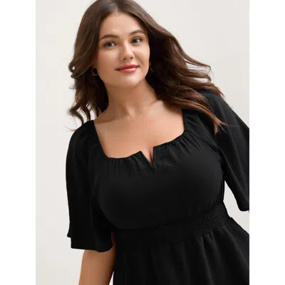 Bloomchic Women's Plus Size Stretchy Neckline Waist-cinched Solid Blouse Black Solid Elegant Short Sleeve Squa