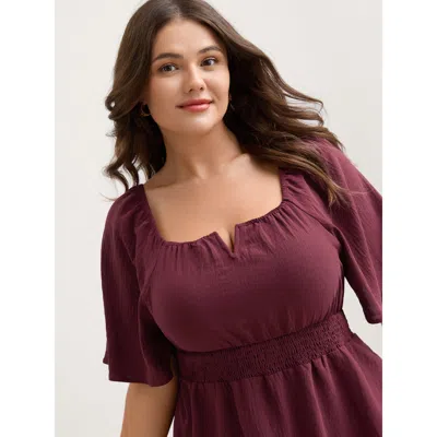 Bloomchic Women's Plus Size Stretchy Neckline Waist-cinched Solid Blouse Burgundy Solid Elegant Short Sleeve S