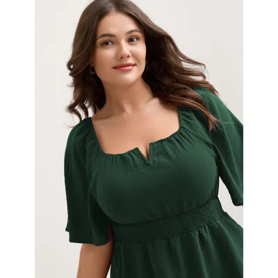 Bloomchic Women's Plus Size Stretchy Neckline Waist-cinched Solid Blouse Darkgreen Solid Elegant Short Sleeve  In Green