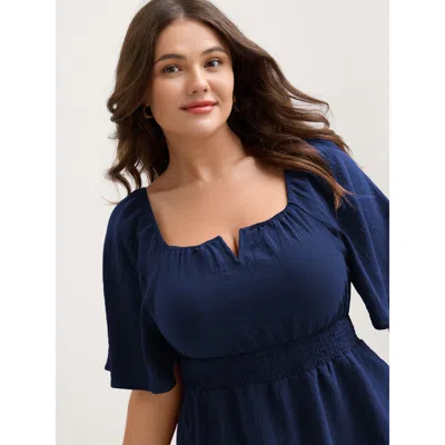 Bloomchic Women's Plus Size Stretchy Neckline Waist-cinched Solid Blouse Indigo Solid Elegant Short Sleeve Squ In Purple
