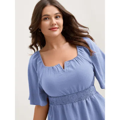 Bloomchic Women's Plus Size Stretchy Neckline Waist-cinched Solid Blouse Skyblue Solid Elegant Short Sleeve Sq In Blue