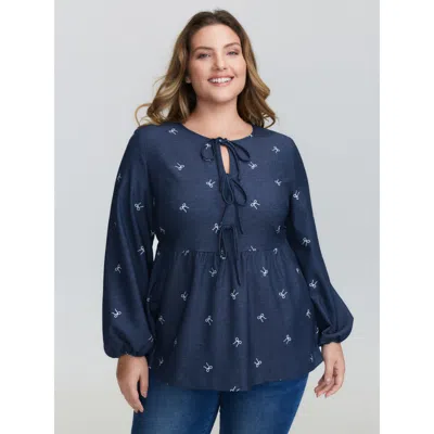 Bloomchic Women's Plus Size Stretchy Neck-tie Bubble Sleeve Blouse Denimindigo Non Casual Extra Long Sleeve 12