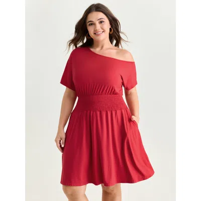 Women's Plus Size Stretchy Off-shoulder Shirred Waist Mini Dress Raspberry Solid Midi Vacation 12/l In Pink from BLOOMCHIC