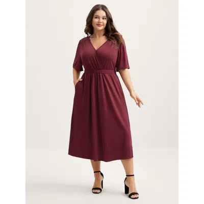 Bloomchic Women's Plus Size Stretchy Overlap Belted Pockets Midi Dress Deepred Non Midi Elegant 12/l In Red