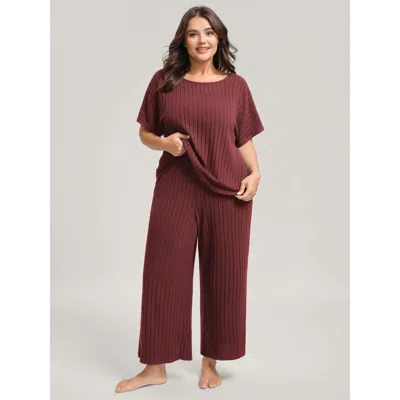 Bloomchic Women's Plus Size Stretchy Pit Strip Solid Loungewear Set Burgundy Solid Short Sleeve Non 12/l