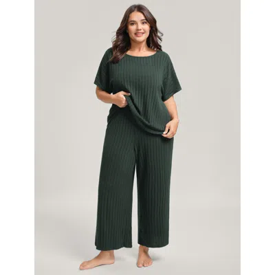 Bloomchic Women's Plus Size Stretchy Pit Strip Solid Loungewear Set Darkslategray Solid Short Sleeve Non 10/m