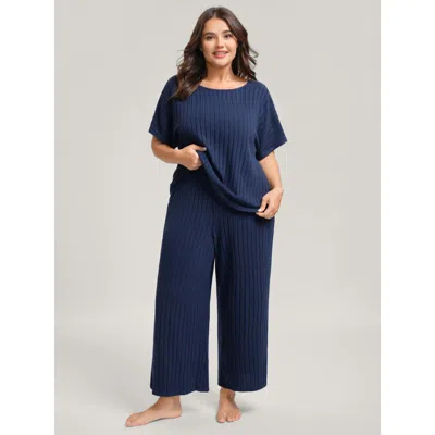 Bloomchic Women's Plus Size Stretchy Pit Strip Solid Loungewear Set Midnight Solid Short Sleeve Non 10/m In Blue