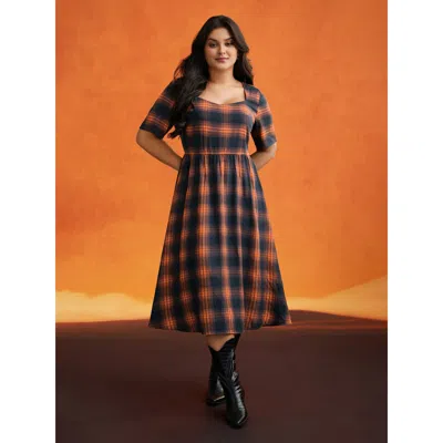 Bloomchic Women's Plus Size Stretchy Plaid Contrast Splicing Midi Dress Brightorange Casual Midi Non 12/l