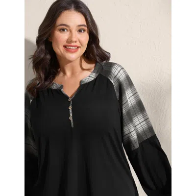 Bloomchic Women's Plus Size Stretchy Plaid Sleeve Split Neck T-shirt Black Checker Casual Long Sleeve V-notch 