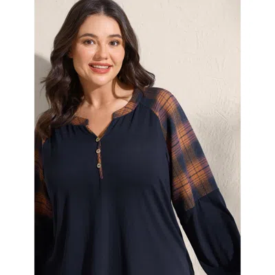 Bloomchic Women's Plus Size Stretchy Plaid Sleeve Split Neck T-shirt Midnight Checker Casual Long Sleeve V-not In Blue