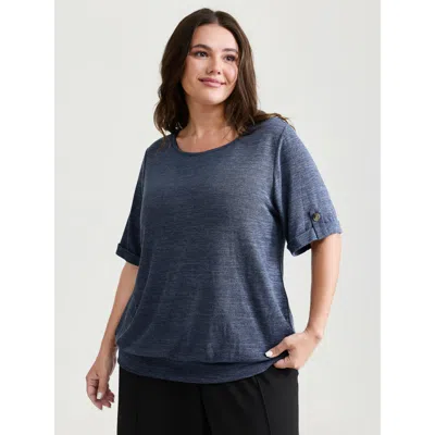 Bloomchic Women's Plus Size Stretchy Plain Folded Cuff Sleeve T-shirt Darkblue Casual Short Sleeve Round Neck  In Blue