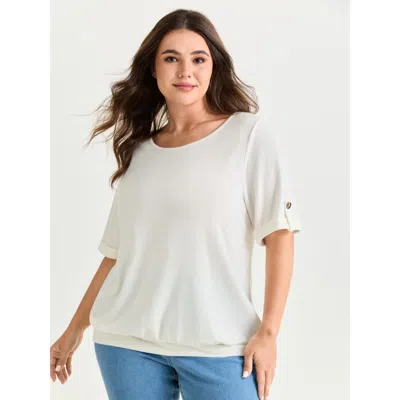Bloomchic Women's Plus Size Stretchy Plain Folded Cuff Sleeve T-shirt Originalwhite Casual Short Sleeve Round 