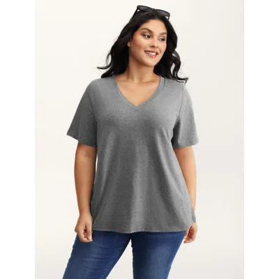 Bloomchic Women's Plus Size Stretchy Plain V-neck T-shirt Darkgray Non Casual Short Sleeve 12/l In Gray