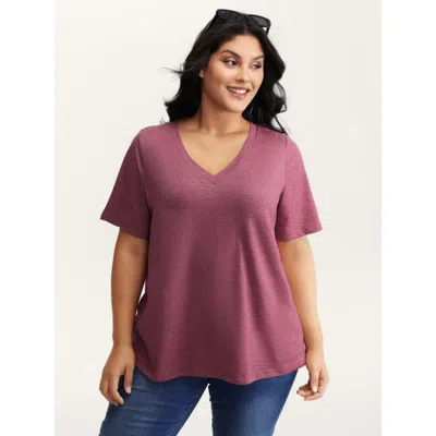 Bloomchic Women's Plus Size Stretchy Plain V-neck T-shirt Plum Non Casual Short Sleeve 10/m In Purple