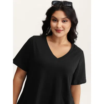 Bloomchic Women's Plus Size Stretchy Plain V-neck T-shirt Pureblack Non Casual Short Sleeve 18-20/2x