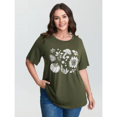 Bloomchic Women's Plus Size Stretchy Plant Print Round Neck T-shirt Armygreen Non Casual Short Sleeve 12/l