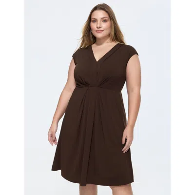 Bloomchic Women's Plus Size Stretchy Pleated Cinched-waist Mini Dress Tan Solid Midi Office Smocked 30/6x In Brown
