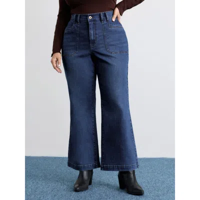 Bloomchic Women's Plus Size Stretchy Pockets Flared Jeans Midblue Flared High Stretch 10/m
