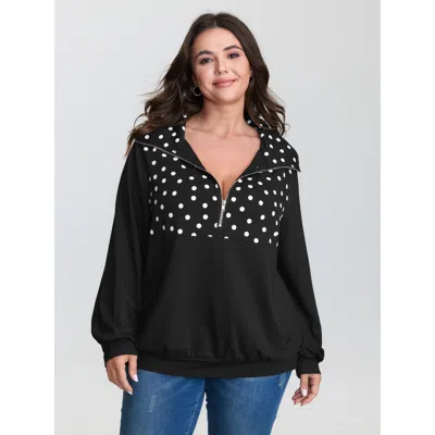 Bloomchic Women's Plus Size Stretchy Polka Dots Half-zipper Sweatshirt Black Not Graphics Casual Funnel Neck 1