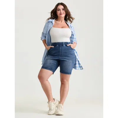 Bloomchic Women's Plus Size Stretchy Pull-on High Waist Pockets Denim Shorts Midblue Casual 10/m