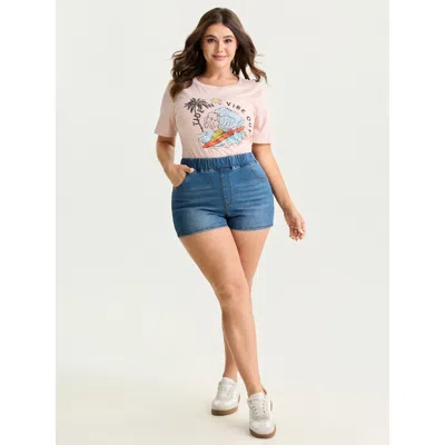 Bloomchic Women's Plus Size Stretchy Pull-on Pockets Denim Shorts Midblue Highest Stretchiness Offered Casual 