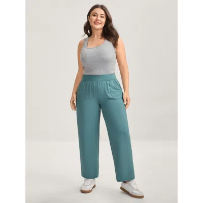 Bloomchic Women's Plus Size Stretchy Pull-on Straight-leg Pants Cerulean Non Straight Fit Mid Rise Casual 12/l In Blue