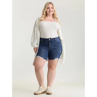 Bloomchic Women's Plus Size Stretchy Raw Cut Hem Skinny-fit Denim Shorts Darkindigo High Stretch Casual 12/l In Purple