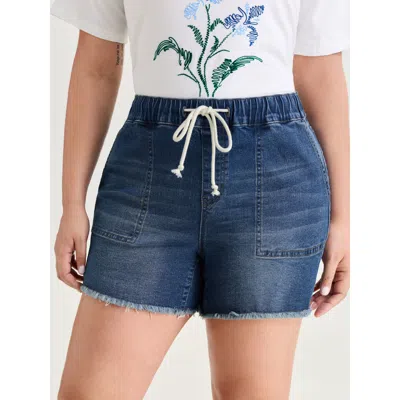 Bloomchic Women's Plus Size Stretchy Raw Hem Contrast Drawstring Denim Shorts Midblue High Stretch Casual 30/6