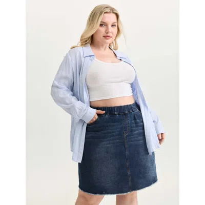 Bloomchic Women's Plus Size Stretchy Raw Hem Elastic Waist Denim Skort Midblue Casual Medium Stretch High Rise