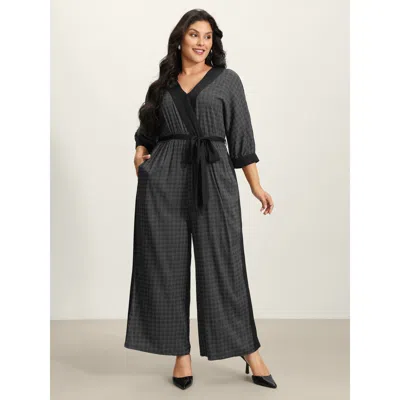 Bloomchic Women's Plus Size Stretchy Rayon Plaid Pockets Belt Jumpsuit Blackflower Office 22-24/3x
