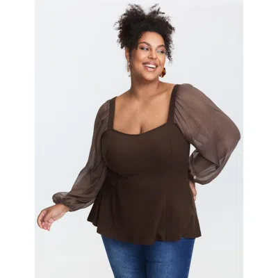 Bloomchic Women's Plus Size Stretchy Ribbed Luxe Back-tie Knit Top Darkbrown Long Sleeve Elegant 12/l In Brown