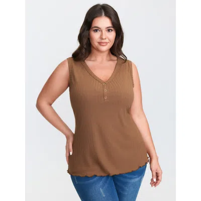 Bloomchic Women's Plus Size Stretchy Ribbed V-neck Fitted Tank Top Browncoffeecolor Casual Skinny Babydoll V-n
