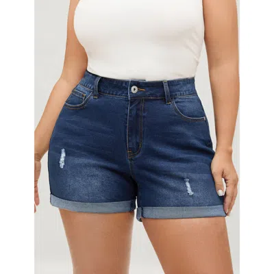 Bloomchic Women's Plus Size Stretchy Ripped Skinny Fit Denim Shorts Darkindigo Distressed Medium Stretch Casua In Purple